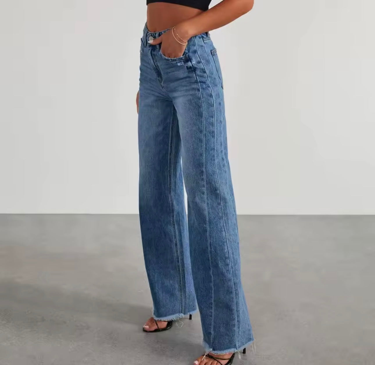 Pantaloni in denim slim a gamba larga larghi casual a vita alta da donna