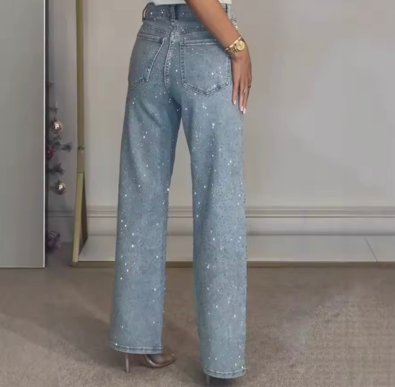 Jeans da donna Pantaloni dritti con diamanti elasticizzati a vita alta