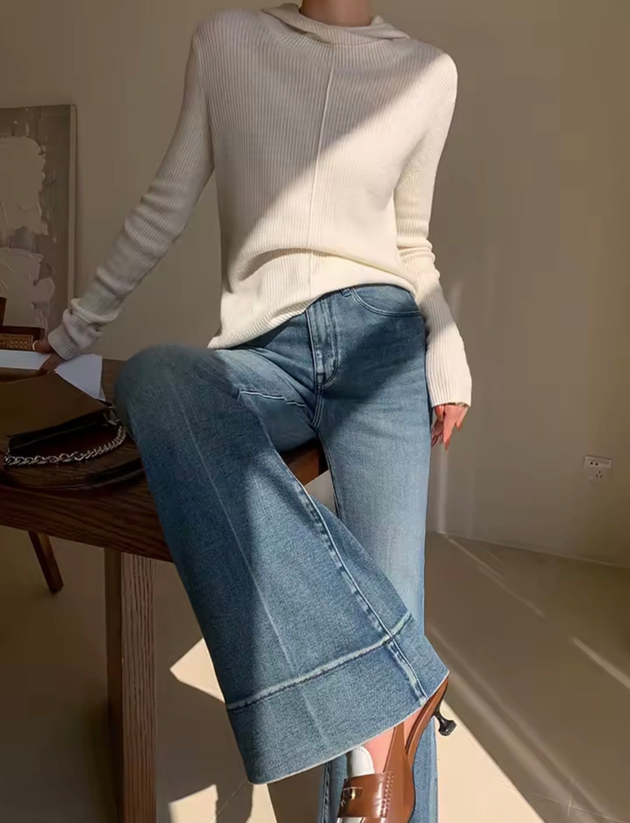 Jeans svasati casual Baffi semplici Pantaloni bootcut Pantaloni lunghi a vita alta