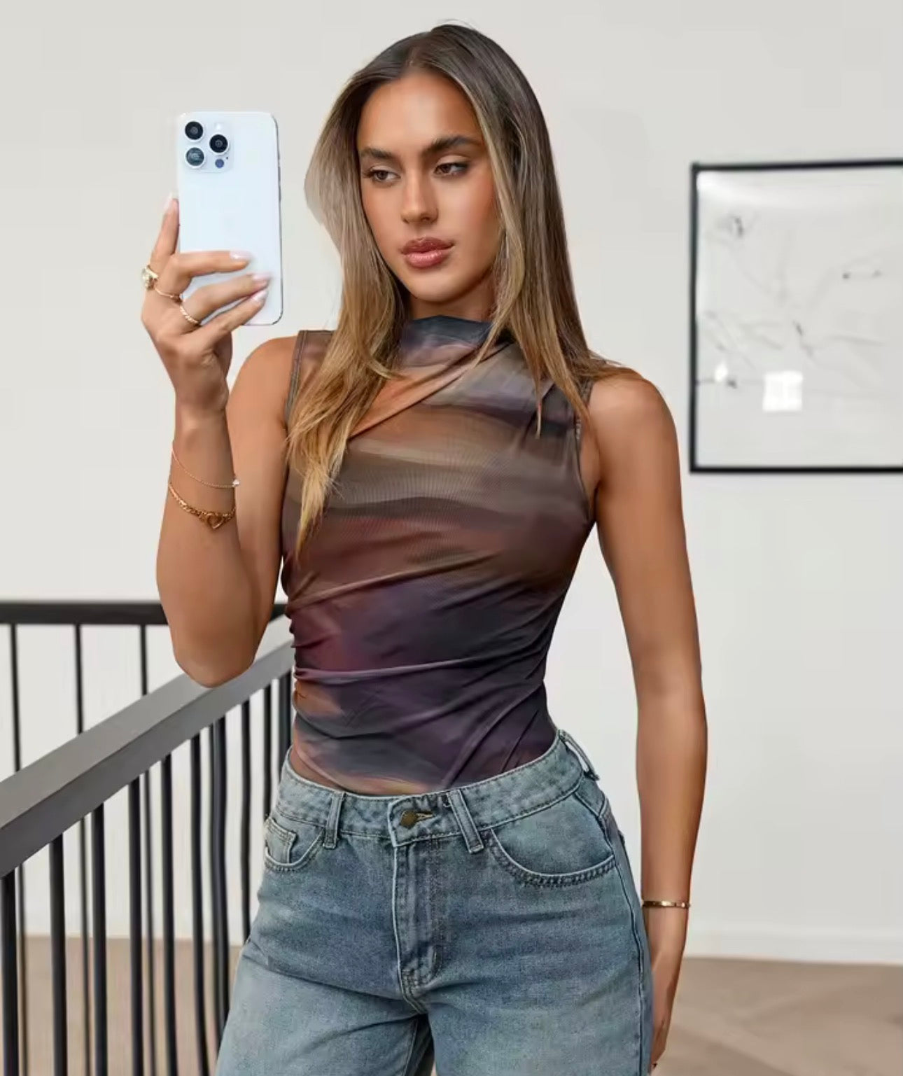 Unico dolce fresco Spice Girl mezzo collo alto colore tie dye tutina in rete design senso piccolo sottile manica corta femminile