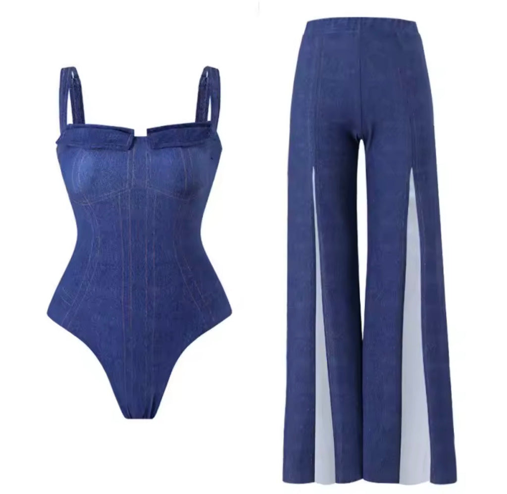 Nuovo costume da bagno intero da donna in denim ad alta elasticità