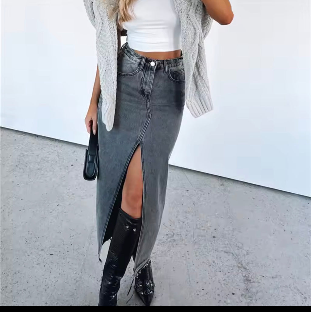 Gonna lunga in denim vintage da donna streetwear slim a vita alta