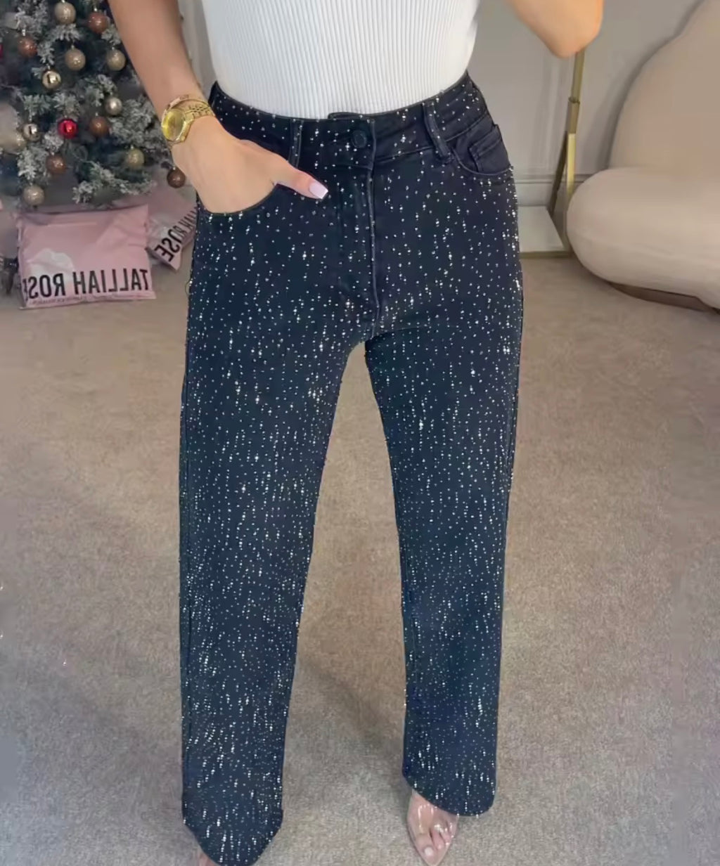 Jeans da donna Pantaloni dritti con diamanti elasticizzati a vita alta