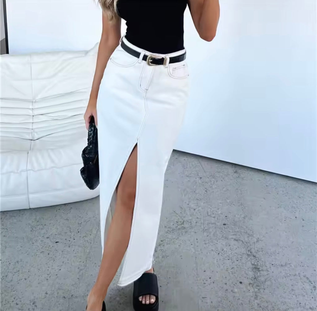 Gonna lunga in denim vintage da donna streetwear slim a vita alta