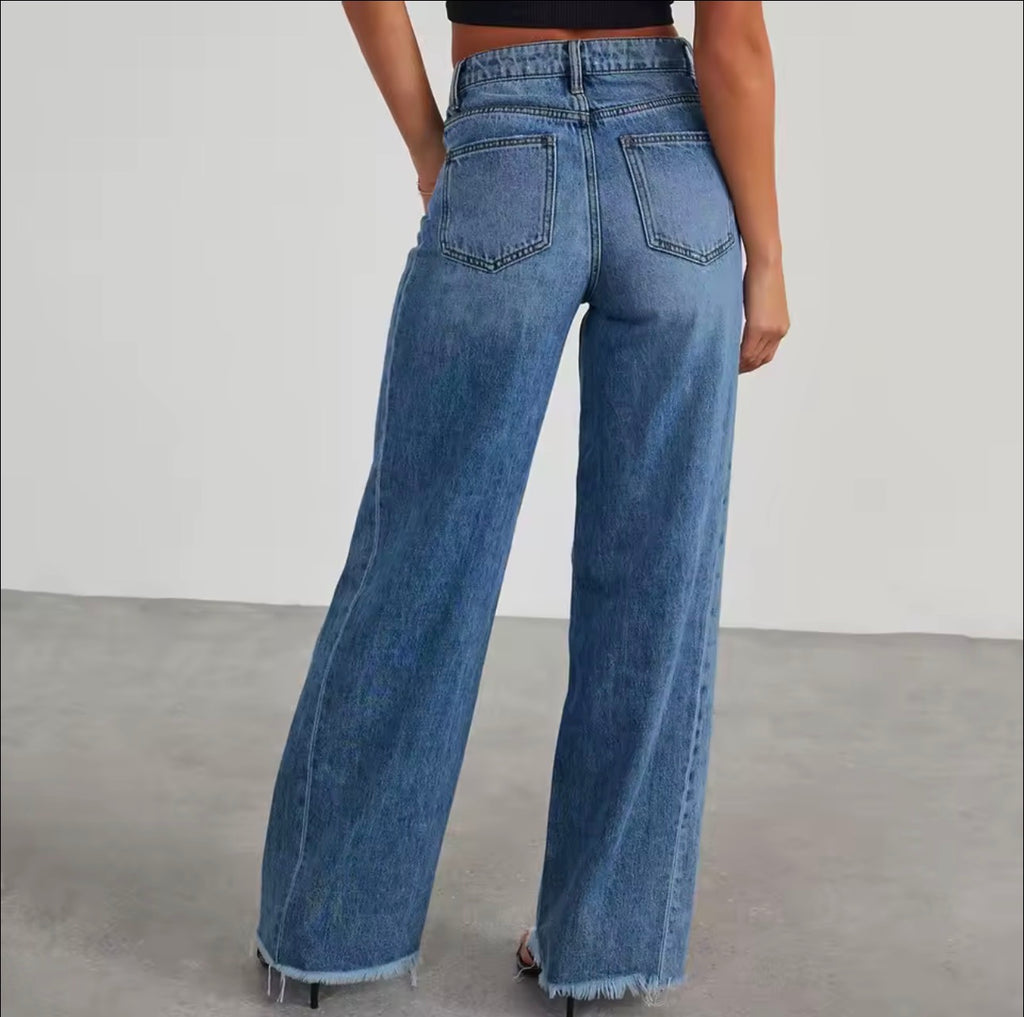 Pantaloni in denim slim a gamba larga larghi casual a vita alta da donna