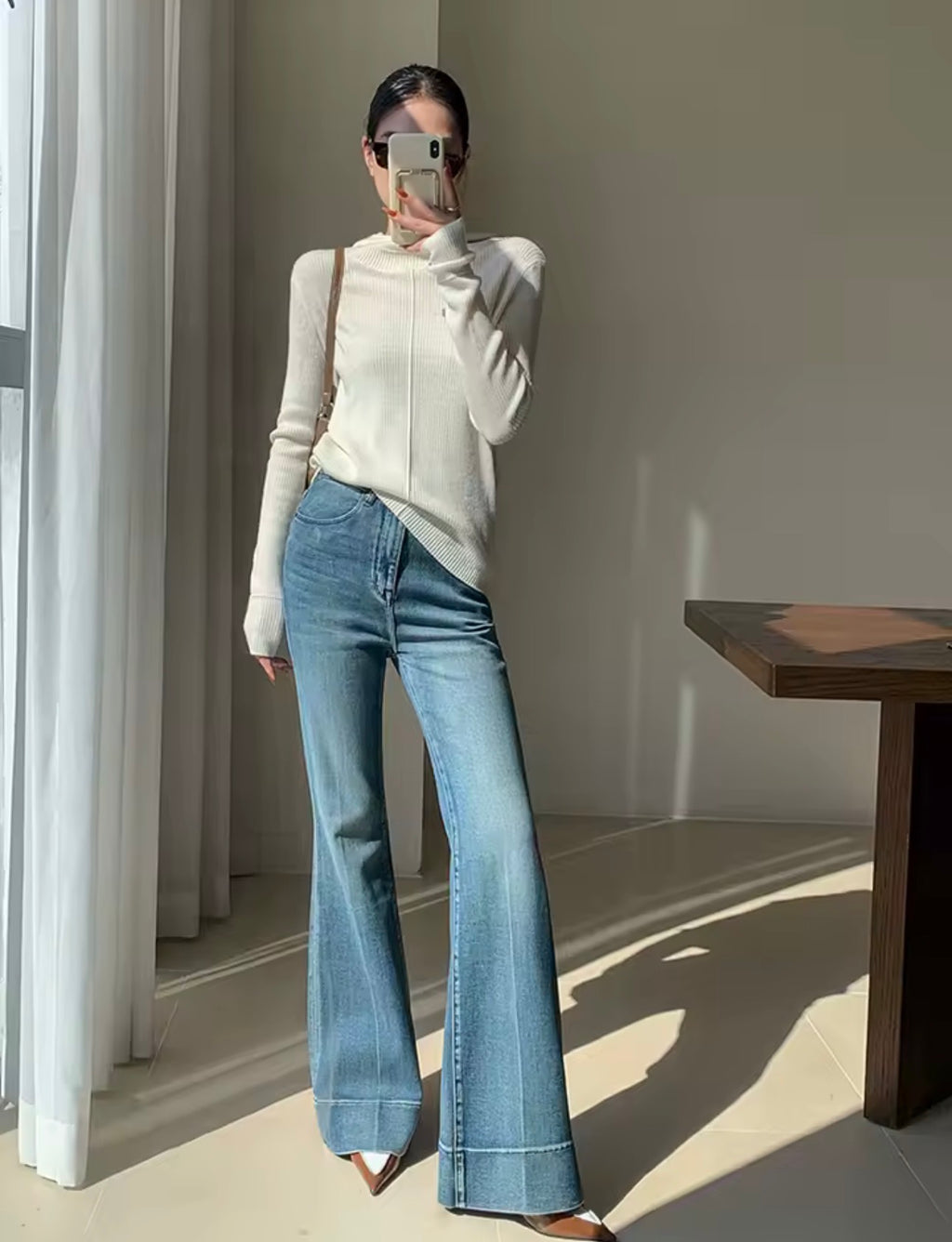 Jeans svasati casual Baffi semplici Pantaloni bootcut Pantaloni lunghi a vita alta