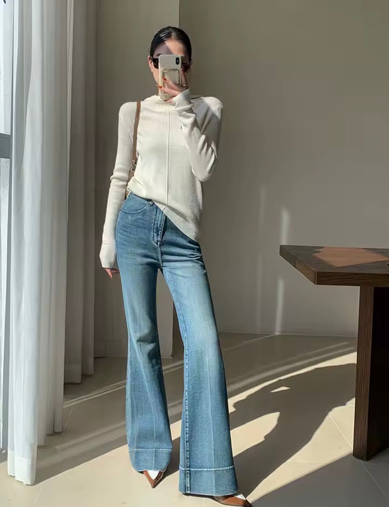 Jeans svasati casual Baffi semplici Pantaloni bootcut Pantaloni lunghi a vita alta