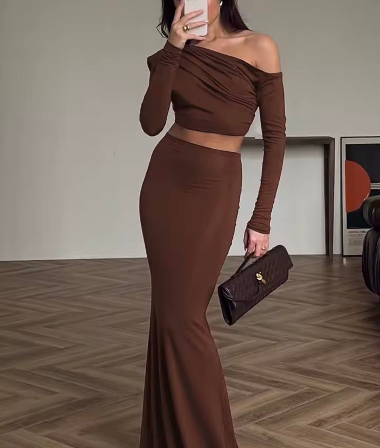 Set gonna 2 pezzi elegante e sexy da donna, con spalle inclinate, manica lunga, top con volant, gonna lunga,