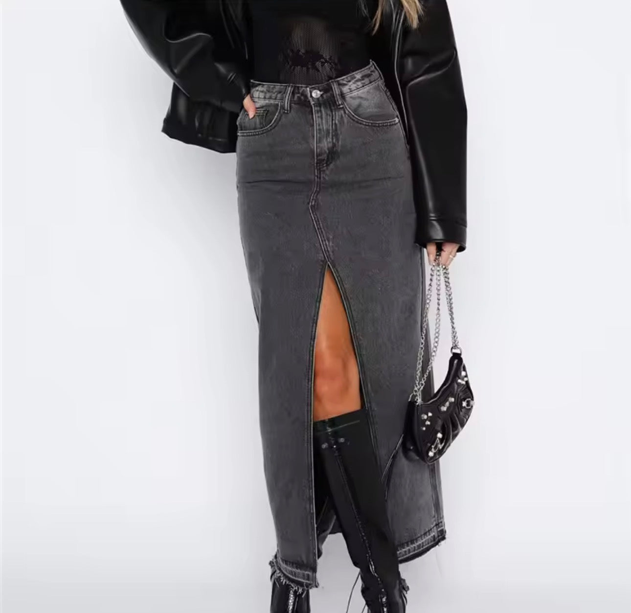 Gonna lunga in denim vintage da donna streetwear slim a vita alta