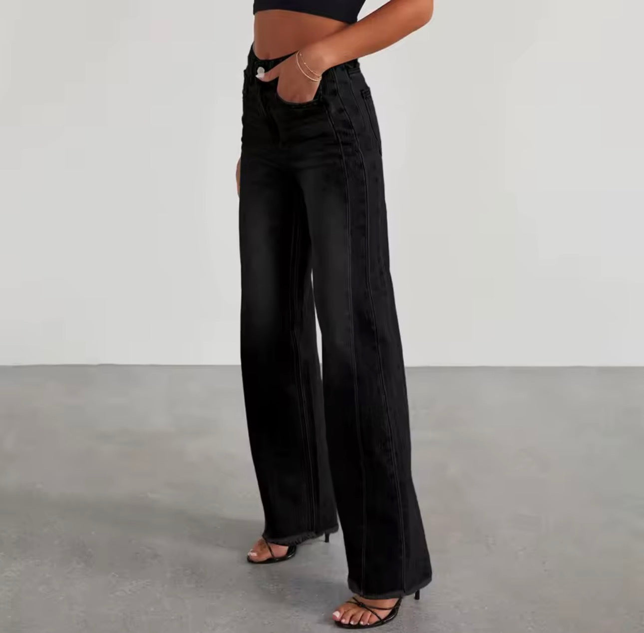 Pantaloni in denim slim a gamba larga larghi casual a vita alta da donna