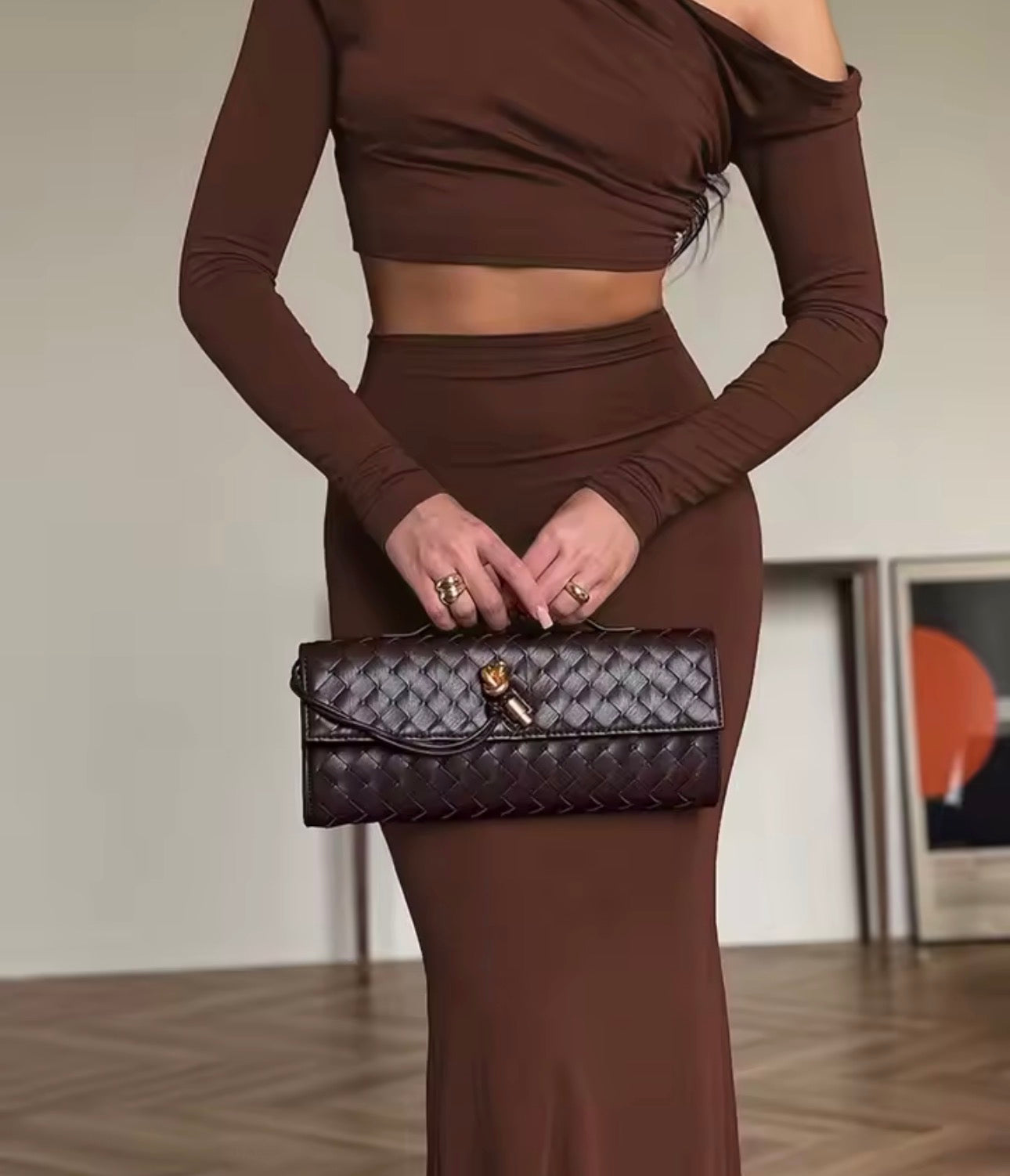 Set gonna 2 pezzi elegante e sexy da donna, con spalle inclinate, manica lunga, top con volant, gonna lunga,