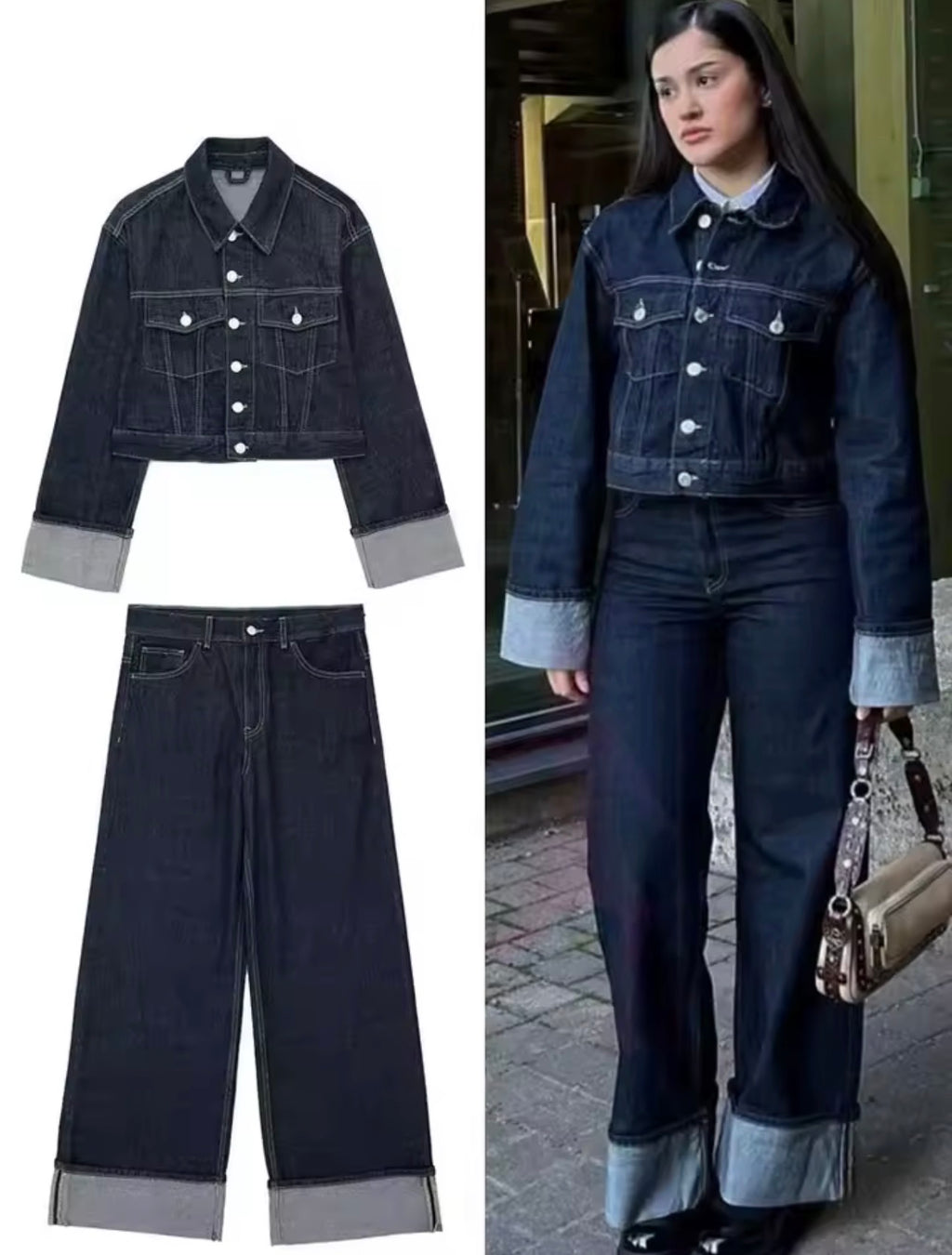 Set di pantaloni da giacca di jeans vintage da donna Cappotto monopetto con risvolto a maniche lunghe