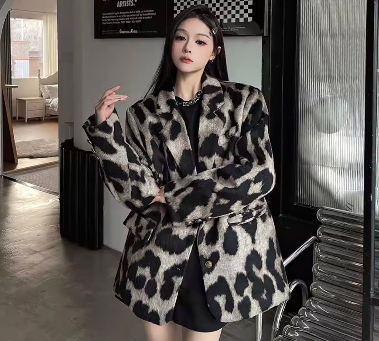 Cappotto con stampa leopardata Donna Autunno Inverno Stile coreano Design