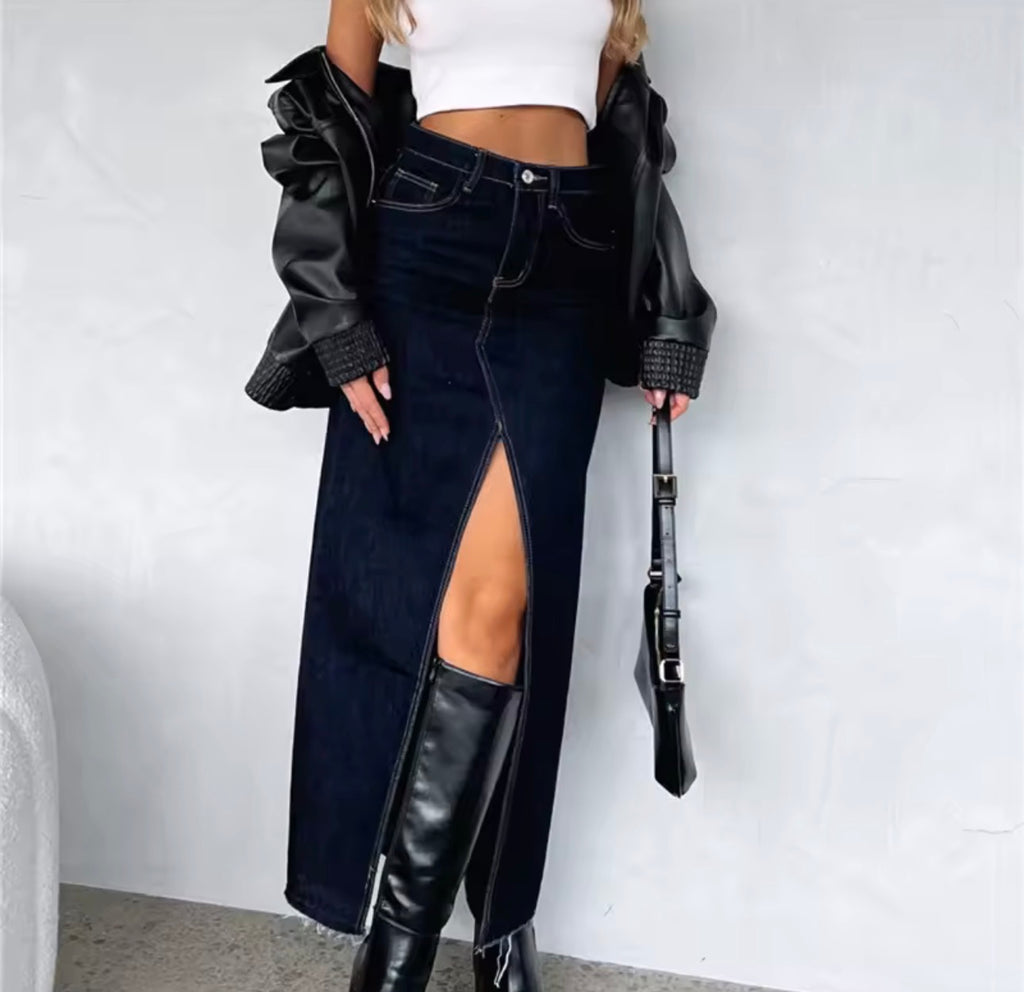 Gonna lunga in denim vintage da donna streetwear slim a vita alta