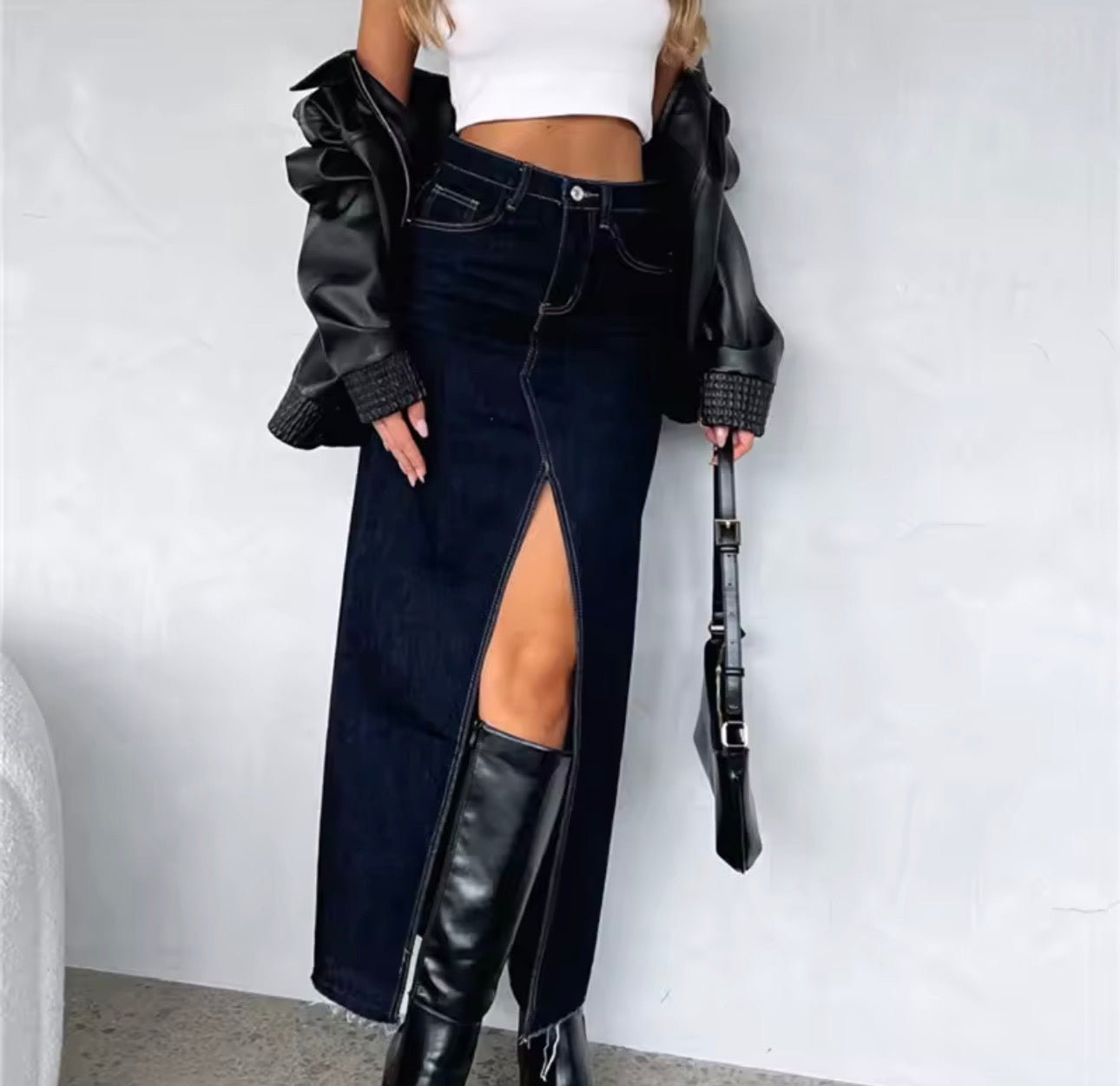 Gonna lunga in denim vintage da donna streetwear slim a vita alta