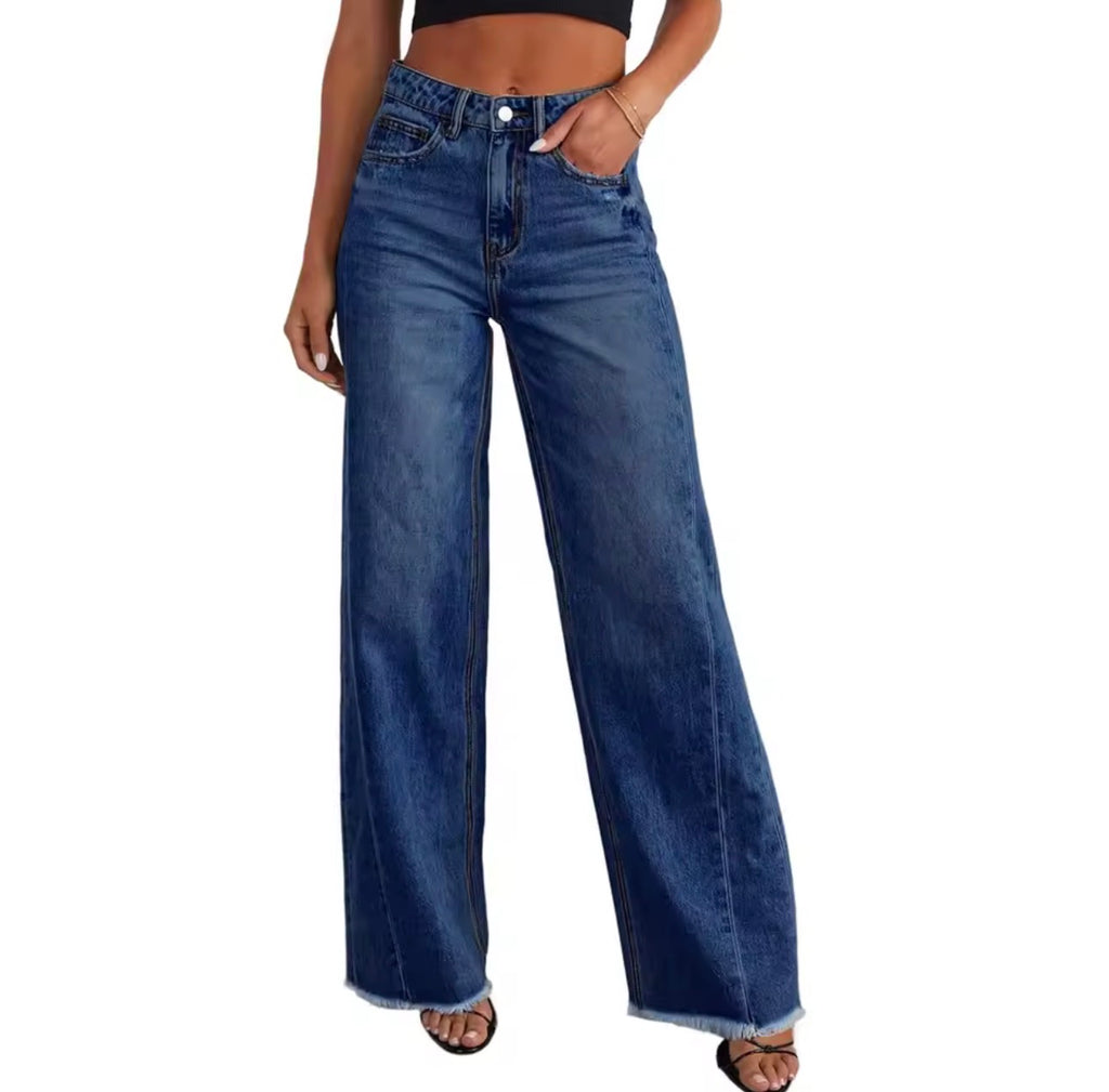 Pantaloni in denim slim a gamba larga larghi casual a vita alta da donna