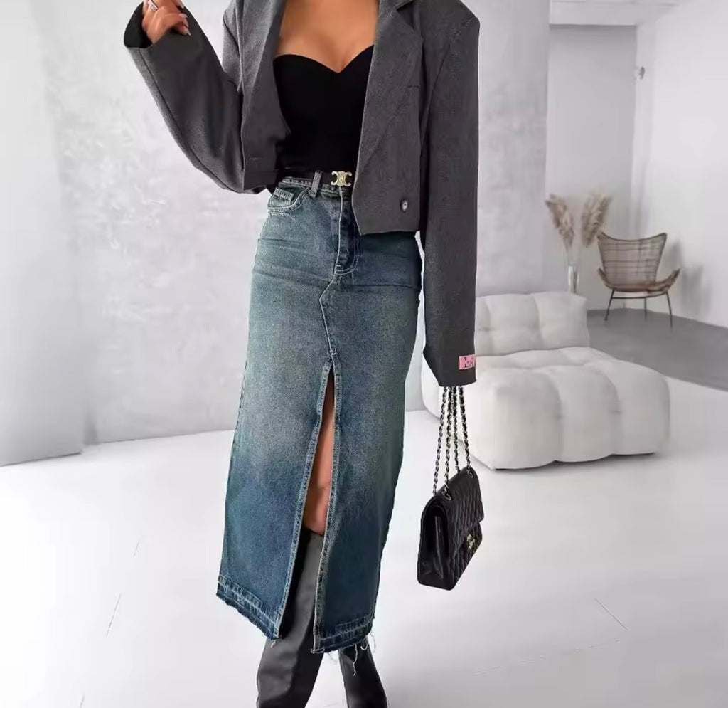 Gonna lunga in denim vintage da donna streetwear slim a vita alta