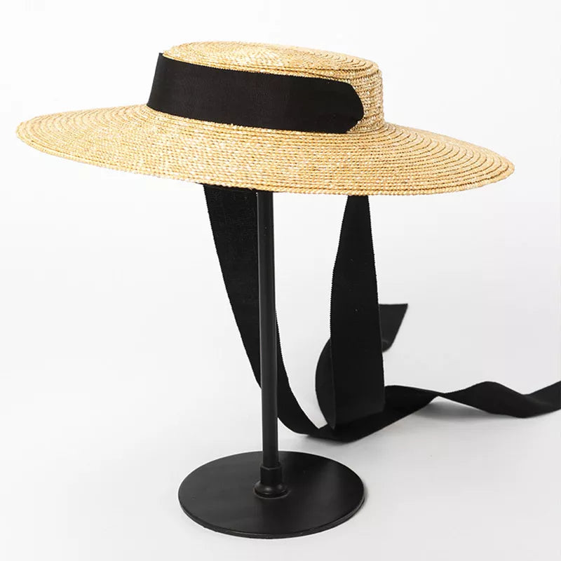 Wide Brim Boater Hat 10cm 15cm Brim Straw Hat Flat Women Summer