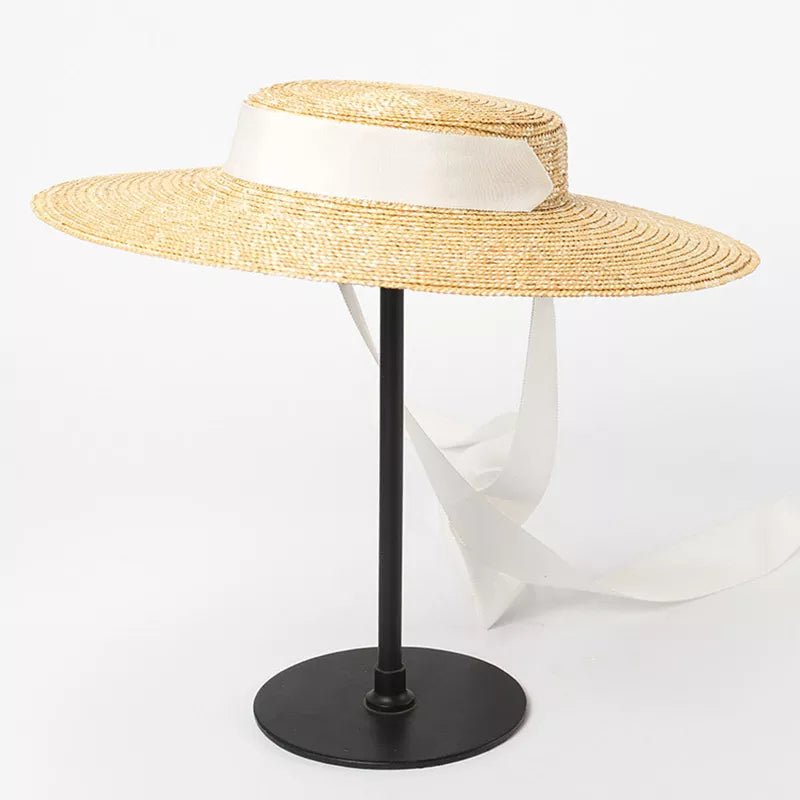 Wide Brim Boater Hat 10cm 15cm Brim Straw Hat Flat Women Summer