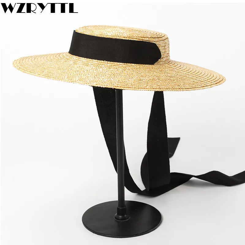 Wide Brim Boater Hat 10cm 15cm Brim Straw Hat Flat Women Summer