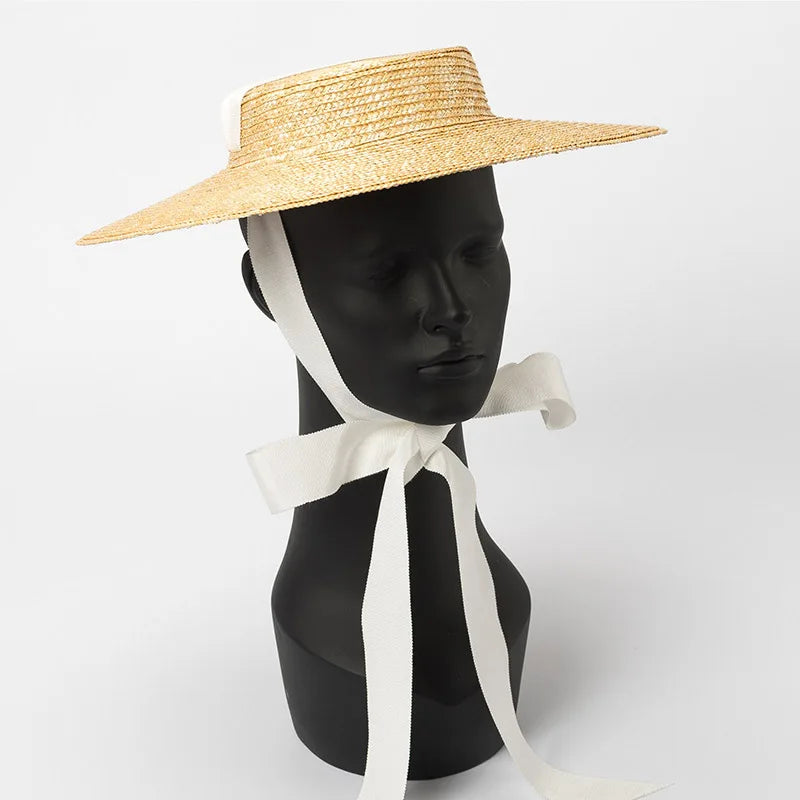 Wide Brim Boater Hat 10cm 15cm Brim Straw Hat Flat Women Summer