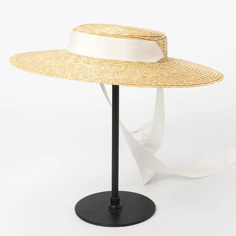 Wide Brim Boater Hat 10cm 15cm Brim Straw Hat Flat Women Summer