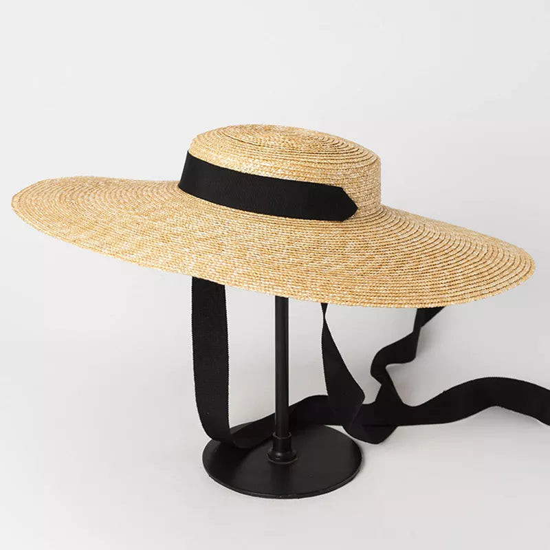 Wide Brim Boater Hat 10cm 15cm Brim Straw Hat Flat Women Summer