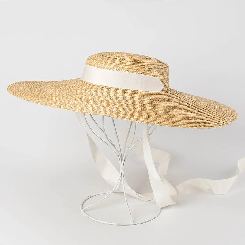 Wide Brim Boater Hat 10cm 15cm Brim Straw Hat Flat Women Summer