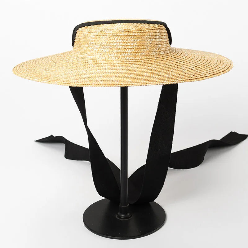 Wide Brim Boater Hat 10cm 15cm Brim Straw Hat Flat Women Summer