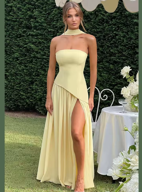 Elegante corsetto a nastro abito lungo da donna senza spalline a vita alta abiti pieghettati