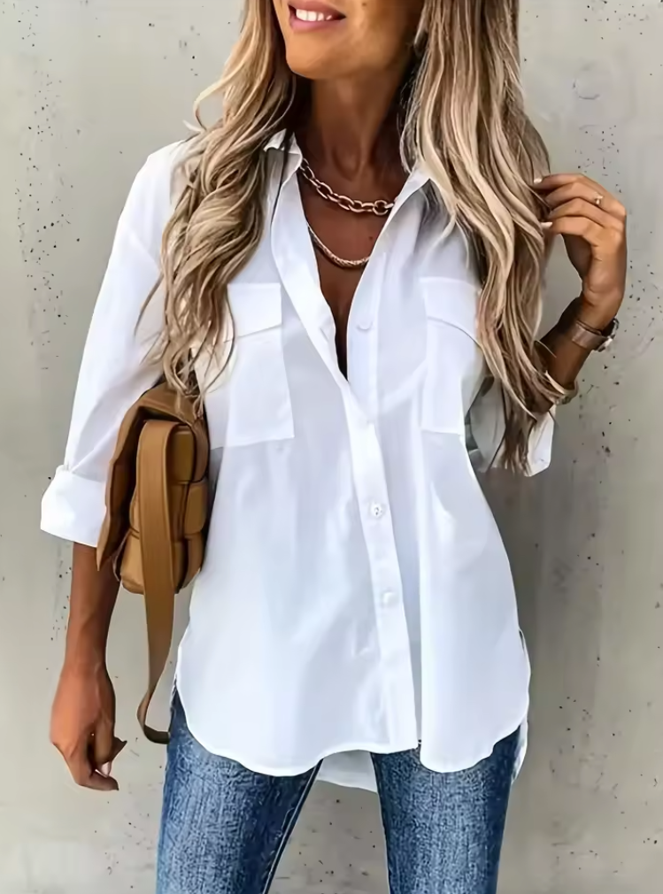 Taglie forti 1XL-5XL Camicia da donna con risvolto in tinta unita