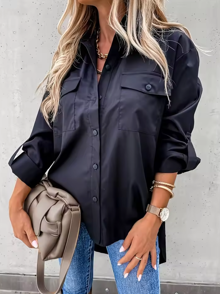 Taglie forti 1XL-5XL Camicia da donna con risvolto in tinta unita