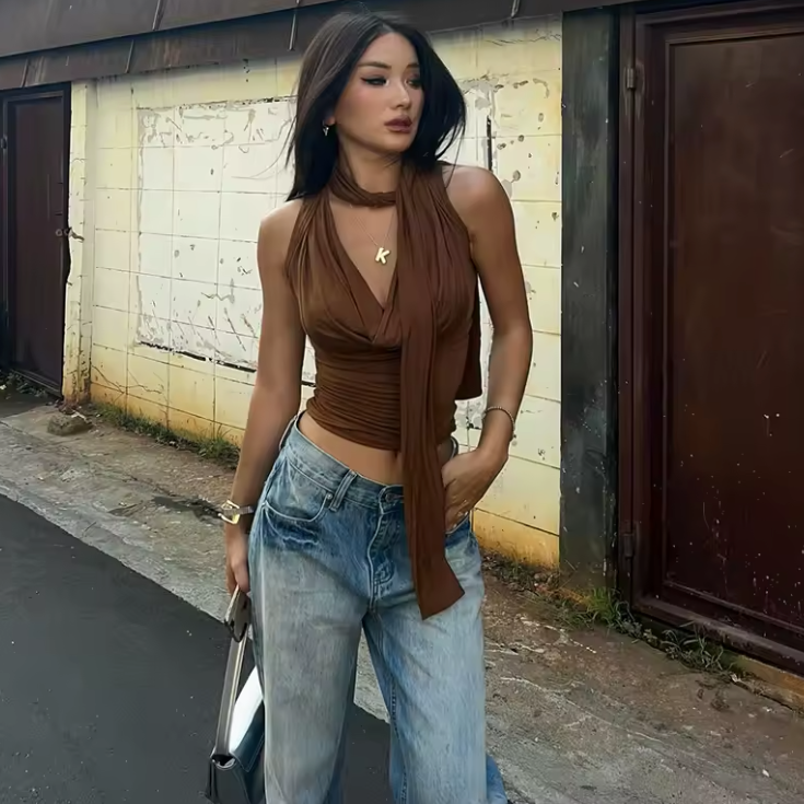 Canotta da donna estiva nuova tinta unita sexy senza maniche petto basso top fasciatura