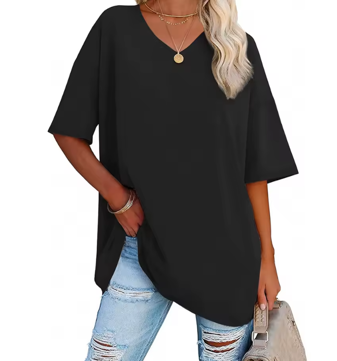 Magliette oversize da donna con scollo a V, mezza manica