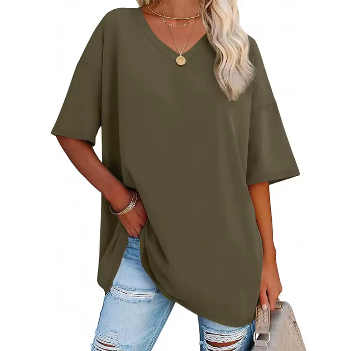 Magliette oversize da donna con scollo a V, mezza manica