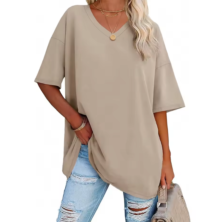 Magliette oversize da donna con scollo a V, mezza manica