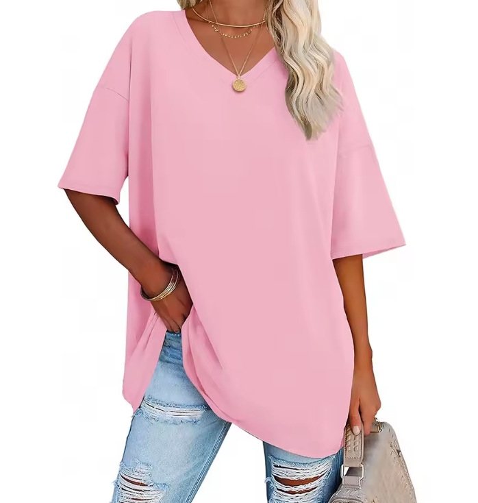 Magliette oversize da donna con scollo a V, mezza manica