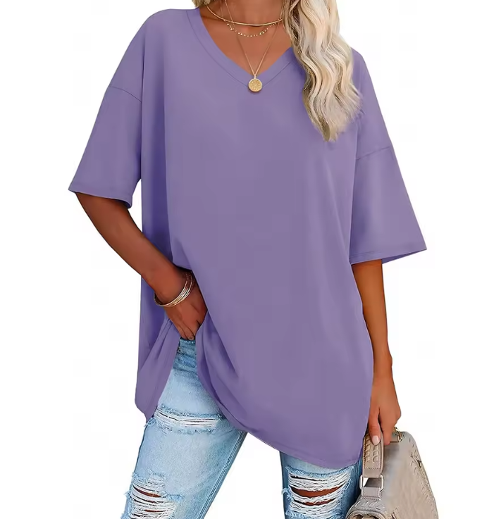 Magliette oversize da donna con scollo a V, mezza manica