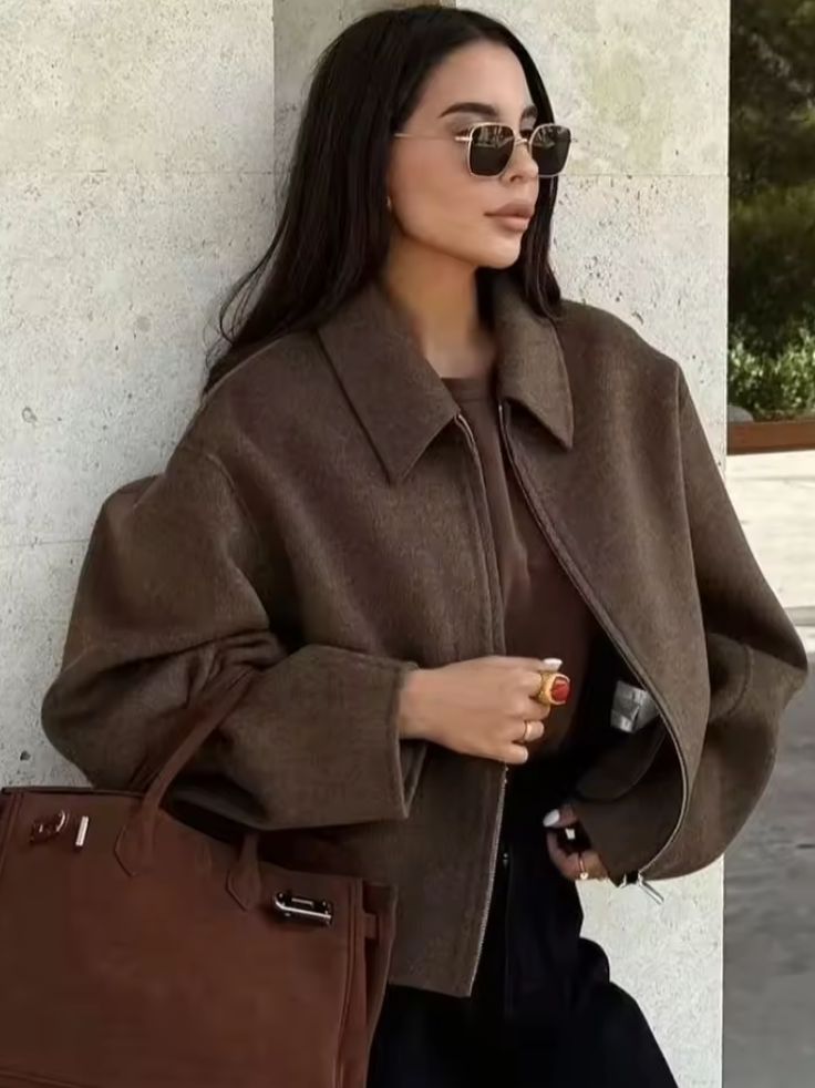 Giacca di lana con cerniera marrone