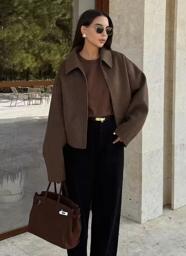 Giacca di lana con cerniera marrone